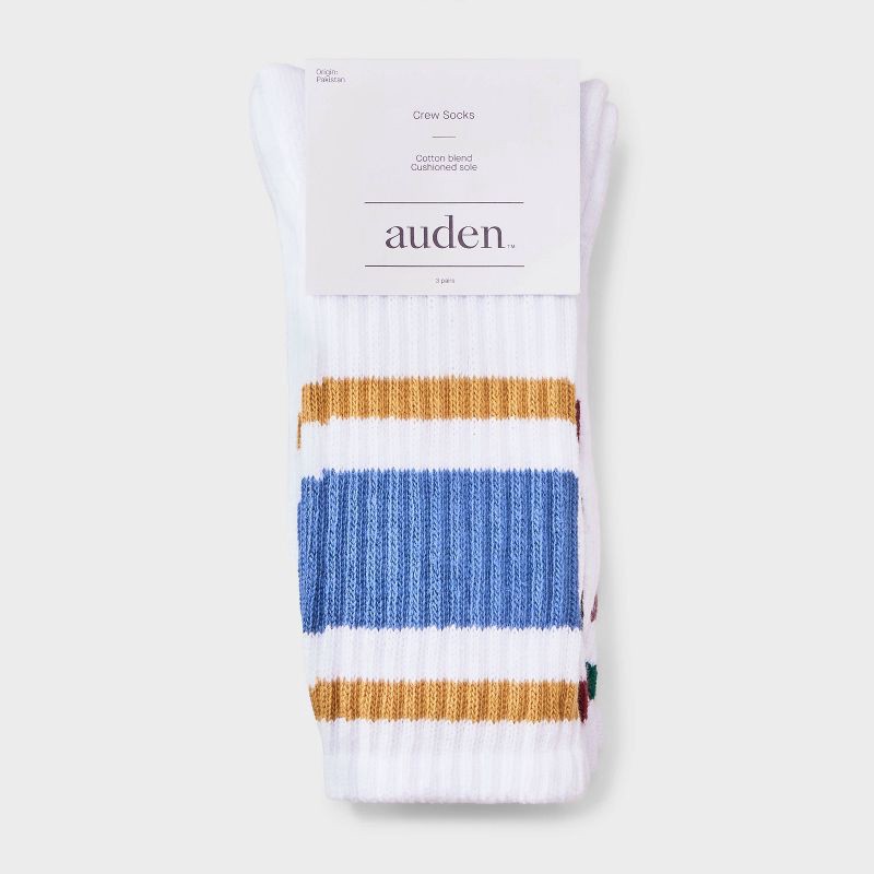 slide 2 of 3, Women's Varsity Stripe Ribbed Cushioned 3pk Crew Socks - Auden™ White/Blue/Black 4-10, 3 ct