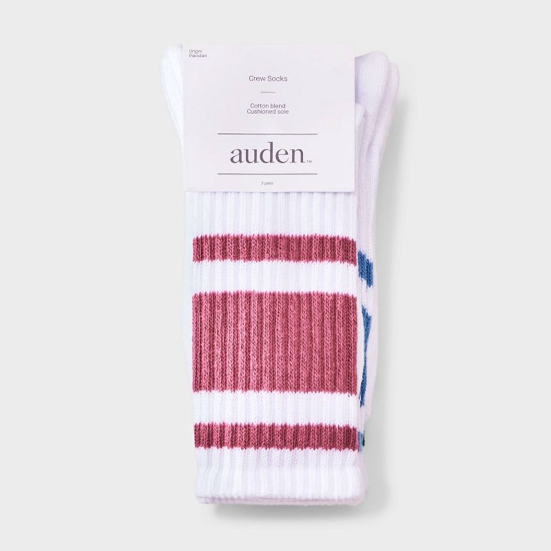 slide 2 of 3, Women's Varsity Stripe Ribbed Cushioned 3pk Crew Socks - Auden™ White/Pink/Blue 4-10, 3 ct