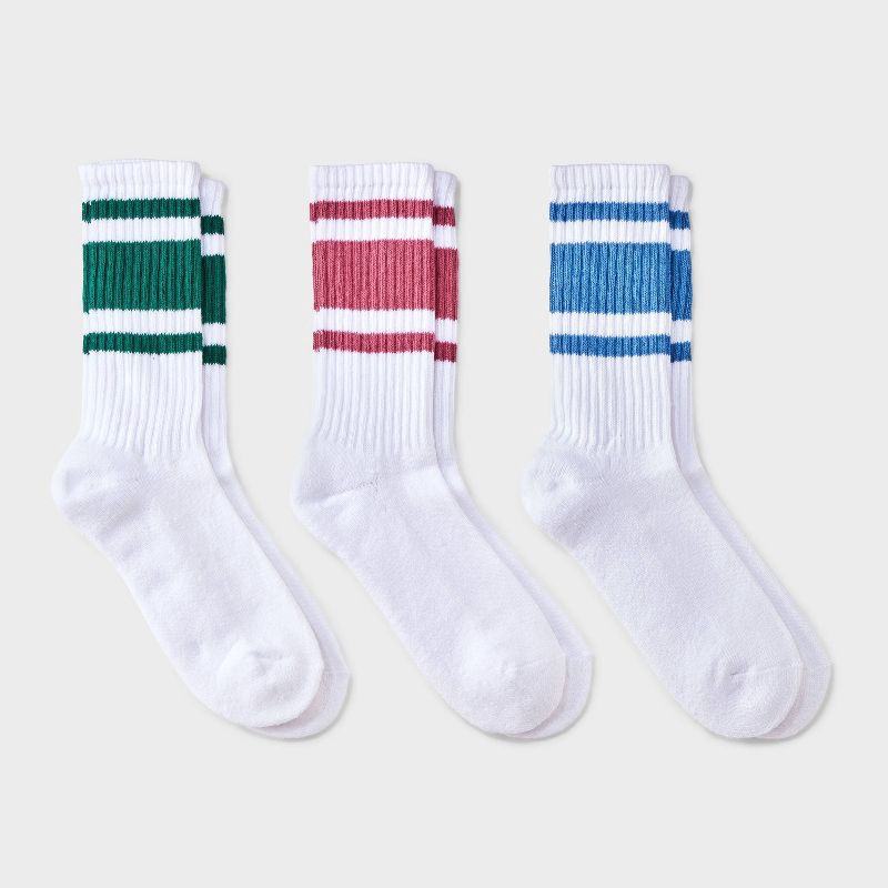 slide 1 of 3, Women's Varsity Stripe Ribbed Cushioned 3pk Crew Socks - Auden™ White/Pink/Blue 4-10, 3 ct
