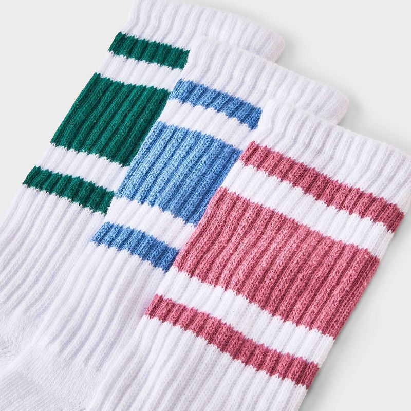 slide 3 of 3, Women's Varsity Stripe Ribbed Cushioned 3pk Crew Socks - Auden™ White/Pink/Blue 4-10, 3 ct