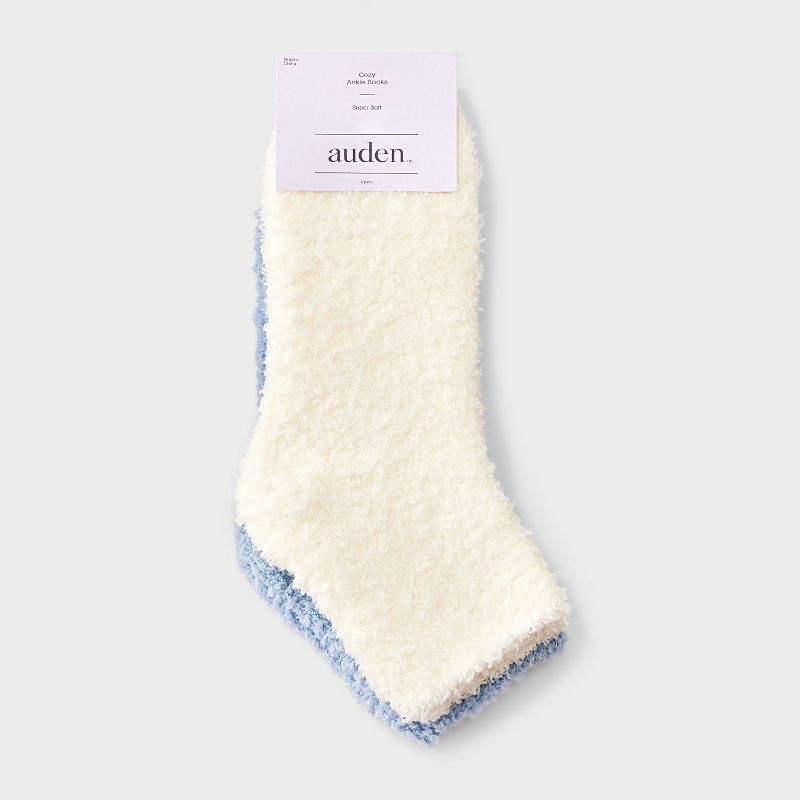 slide 2 of 3, Women's Solid 2pk Cozy Ankle Socks - Auden™ Ivory/Blue One Size, 2 ct