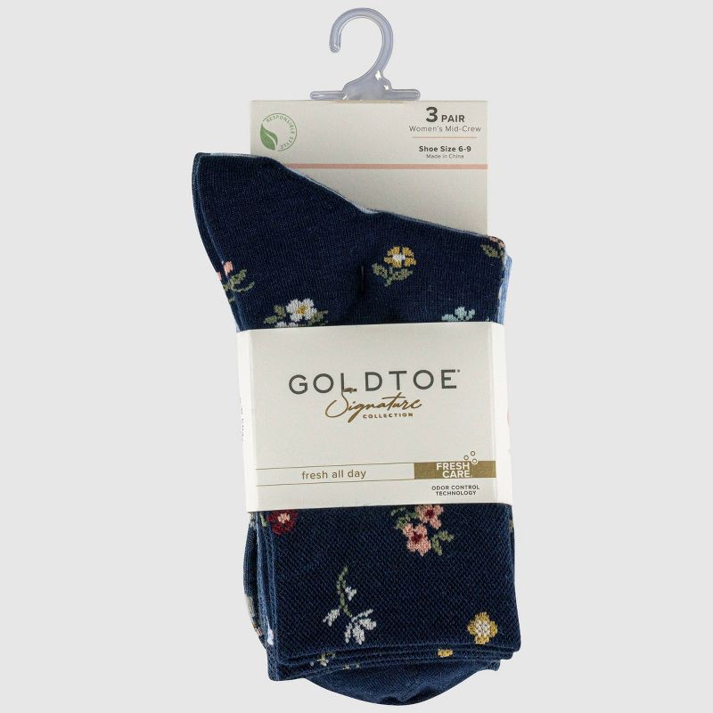 slide 2 of 3, Goldtoe Signature Collection Women's 3pk Fresh Care Ditsy Floral Mid Crew Socks - Navy/Chambray/Denim 6-9, 3 ct