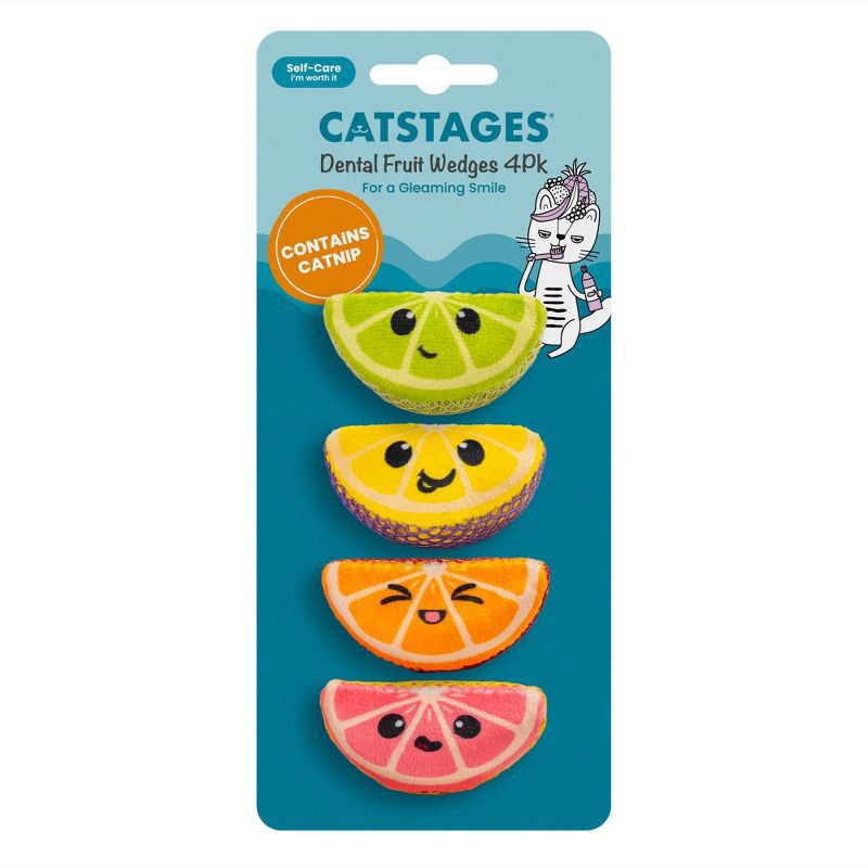 slide 1 of 3, Catstages Dental Fruit Wedges Cat Toy - 4pk: Catnip Inside, Occupy and Pounce Activity, 4 ct