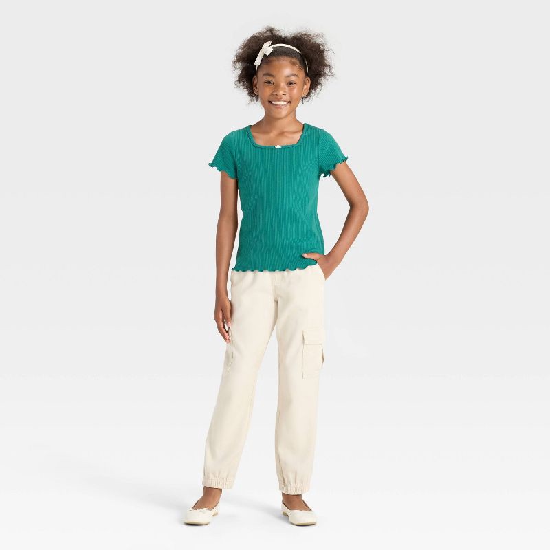 slide 3 of 3, Girls' Short Sleeve Rib-Knit T-Shirt - Cat & Jack™ Green XL, 1 ct