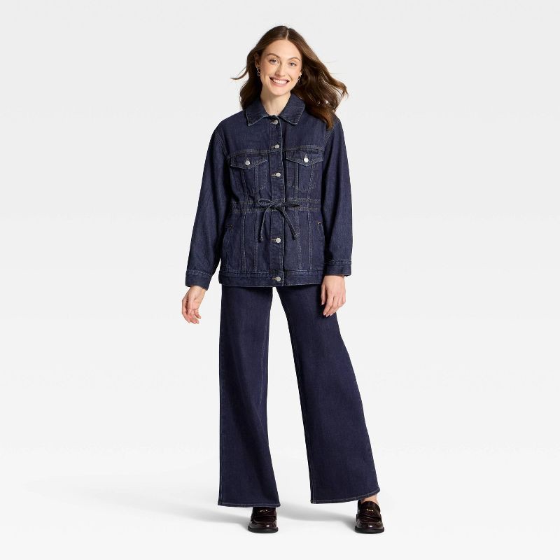 slide 3 of 3, Women's Cinched Waist Trucker Denim Jacket - Universal Thread™ Dark Wash XS, 1 ct