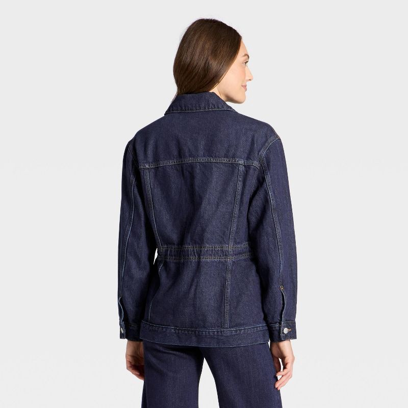 slide 2 of 3, Women's Cinched Waist Trucker Denim Jacket - Universal Thread™ Dark Wash L, 1 ct