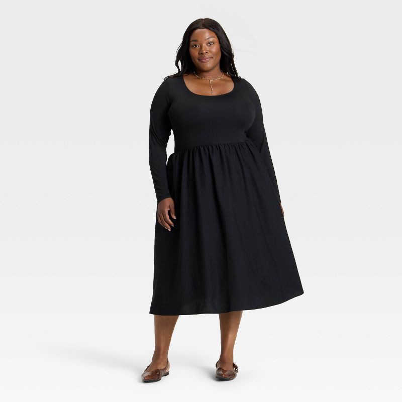 slide 3 of 3, Women's Long Sleeve Knit Midi A-Line Dress - Ava & Viv™ Black 1X, 1 ct