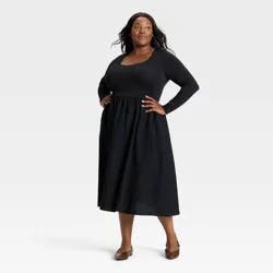 Women's Long Sleeve Knit Midi A-Line Dress - Ava & Viv™ Black 1X
