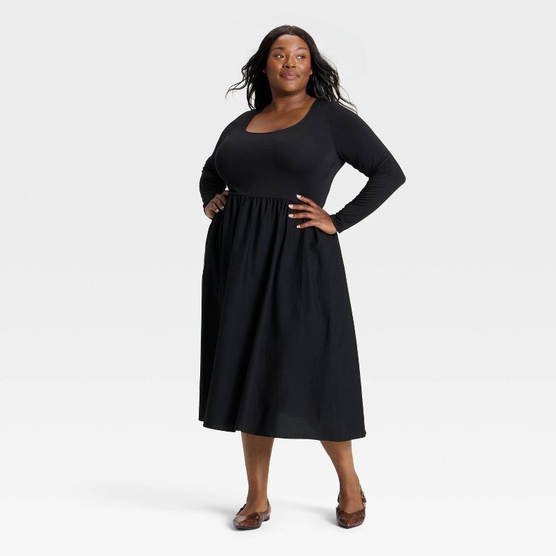 slide 1 of 3, Women's Long Sleeve Knit Midi A-Line Dress - Ava & Viv™ Black 2X, 1 ct