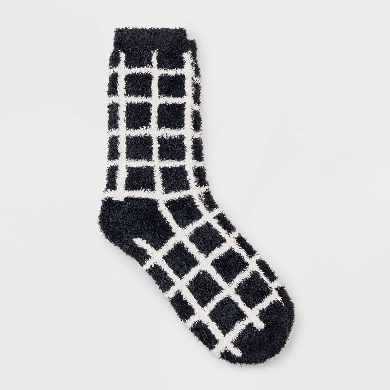 slide 1 of 3, Women's Windowpane Plaid Cozy Crew Socks - Auden™ Black 4-10, 1 ct
