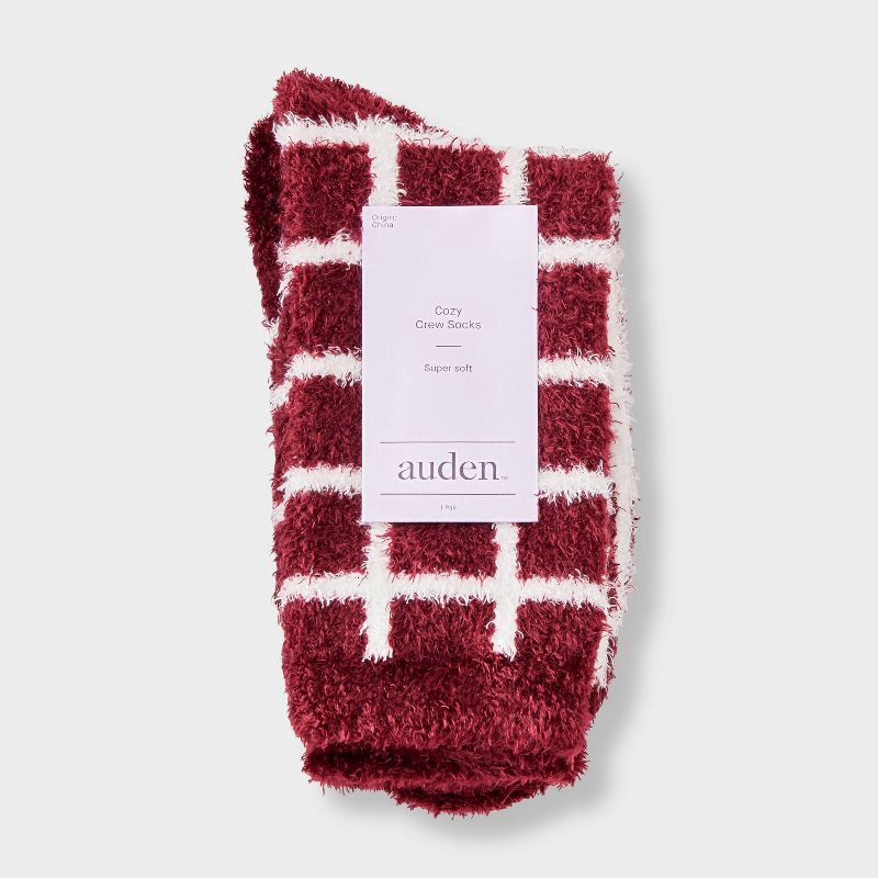 slide 2 of 3, Women's Windowpane Plaid Cozy Crew Socks - Auden™ Berry 4-10, 1 ct