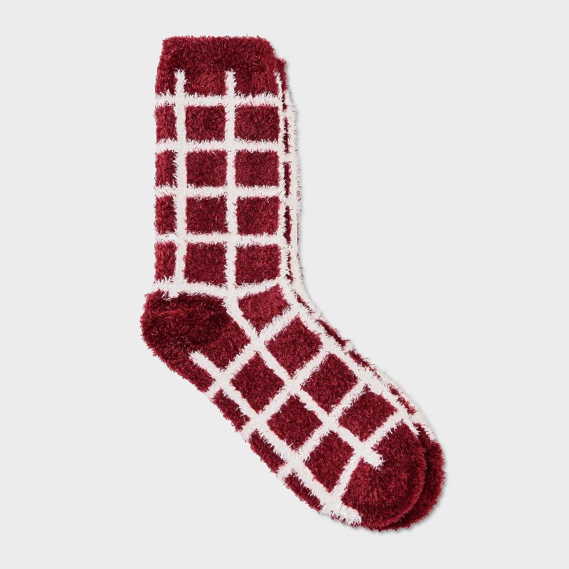 slide 1 of 3, Women's Windowpane Plaid Cozy Crew Socks - Auden™ Berry 4-10, 1 ct