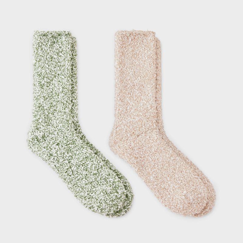 slide 1 of 3, Women's Marled 2pk Cozy Crew Socks - Auden™ Green/Tan One Size, 2 ct