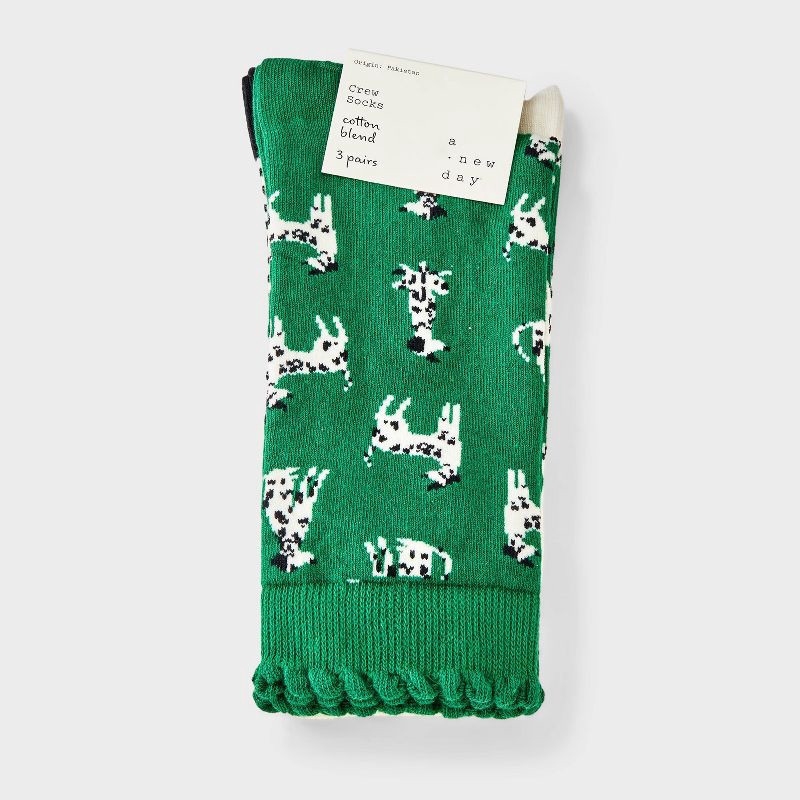 slide 2 of 3, Women's Dogs Scallop Cuff 3pk Crew Socks - A New Day™ Green/White/Black 4-10, 3 ct