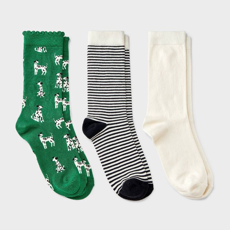 slide 1 of 3, Women's Dogs Scallop Cuff 3pk Crew Socks - A New Day™ Green/White/Black 4-10, 3 ct