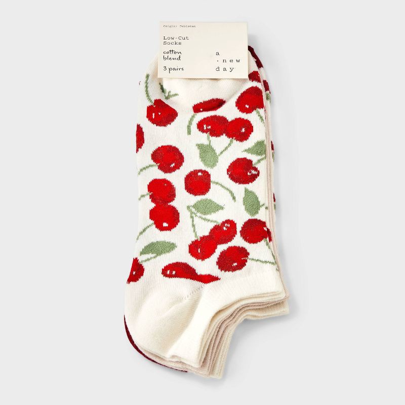 slide 2 of 3, Women's Cherries 3pk Low Cut Socks - A New Day™ Ivory/Red 4-10, 3 ct