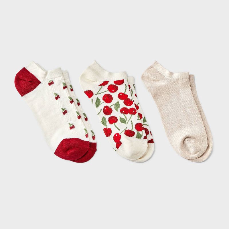 slide 1 of 3, Women's Cherries 3pk Low Cut Socks - A New Day™ Ivory/Red 4-10, 3 ct