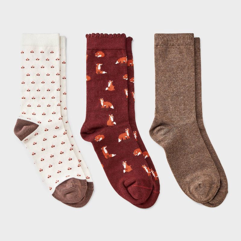 slide 1 of 3, Women's Foxes Scallop Cuff 3pk Crew Socks - A New Day™ Burgundy/Brown Heather/Ivory 4-10, 3 ct