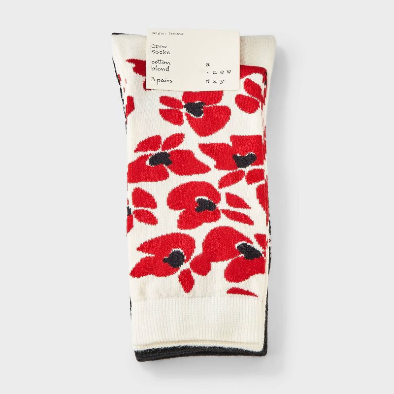 slide 2 of 3, Women's Modern Floral & Geometric Print 3pk Crew Socks - A New Day™ Red/Ivory/Black 4-10, 3 ct