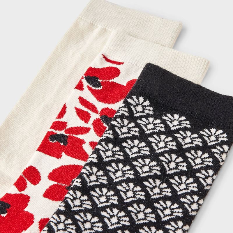 slide 3 of 3, Women's Modern Floral & Geometric Print 3pk Crew Socks - A New Day™ Red/Ivory/Black 4-10, 3 ct
