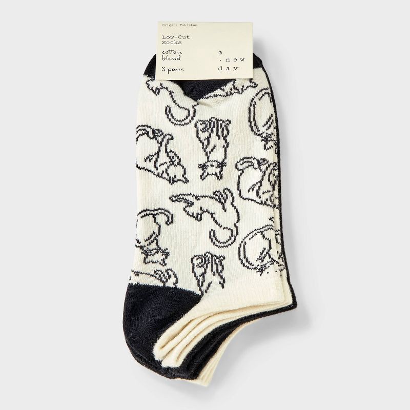 slide 2 of 3, Women's Cats 3pk Low Cut Socks - A New Day™ Ivory/Black 4-10, 3 ct