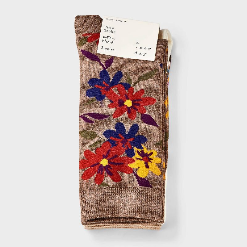 slide 2 of 3, Women's Floral & Striped 3pk Crew Socks - A New Day™ Dark Brown Heather/Ivory 4-10, 3 ct