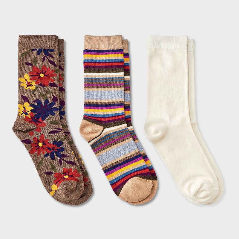 slide 1 of 3, Women's Floral & Striped 3pk Crew Socks - A New Day™ Dark Brown Heather/Ivory 4-10, 3 ct