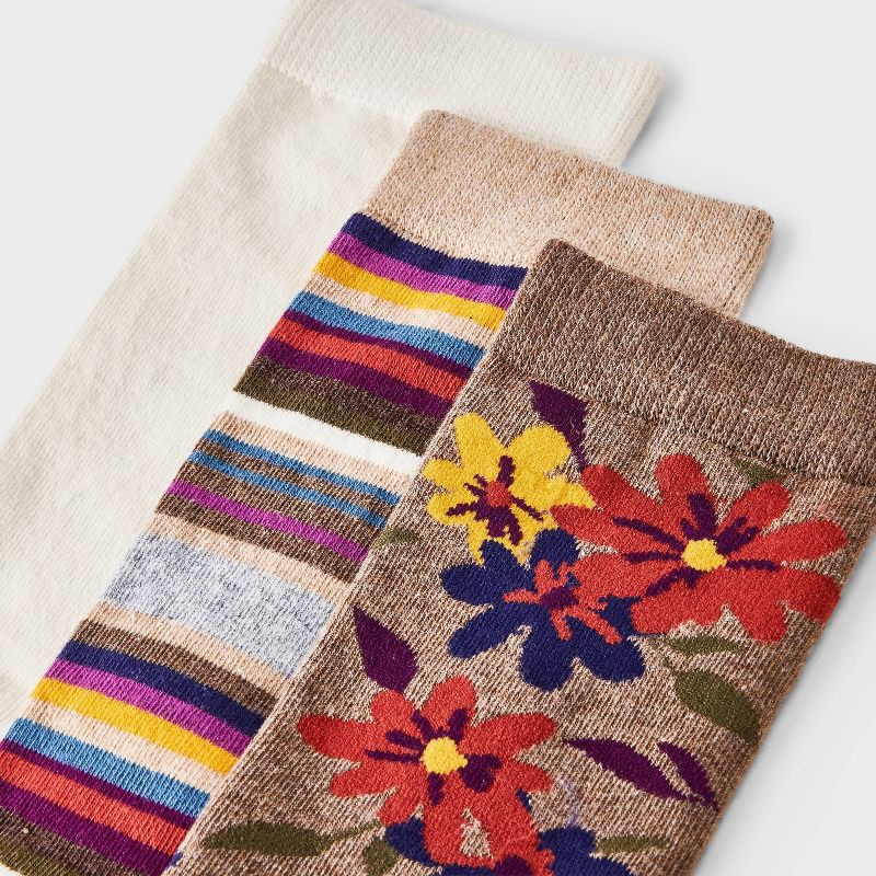 slide 3 of 3, Women's Floral & Striped 3pk Crew Socks - A New Day™ Dark Brown Heather/Ivory 4-10, 3 ct