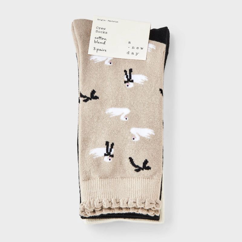 slide 2 of 3, Women's Swans & Bows Scallop Cuff 3pk Crew Socks - A New Day™ Taupe/Black/Ivory 4-10, 3 ct