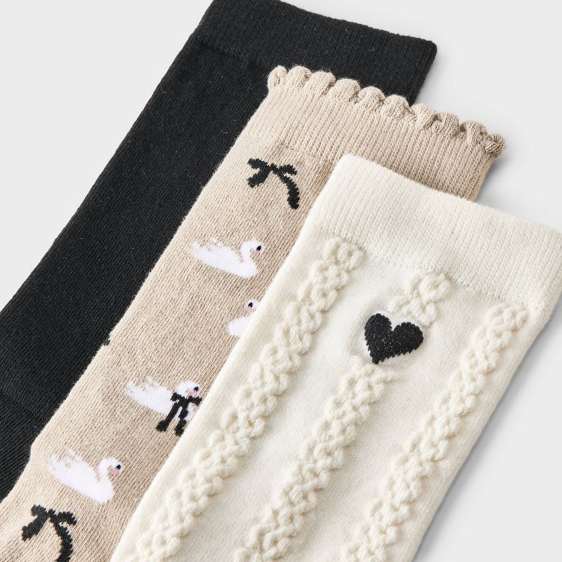 slide 3 of 3, Women's Swans & Bows Scallop Cuff 3pk Crew Socks - A New Day™ Taupe/Black/Ivory 4-10, 3 ct