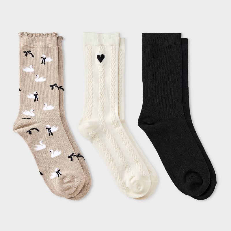 slide 1 of 3, Women's Swans & Bows Scallop Cuff 3pk Crew Socks - A New Day™ Taupe/Black/Ivory 4-10, 3 ct