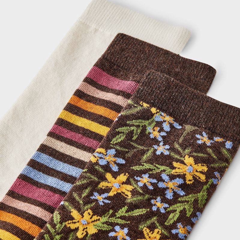 slide 3 of 3, Women's Floral & Striped 3pk Crew Socks - A New Day™ Brown Heather/Burgundy/Ivory 4-10, 3 ct