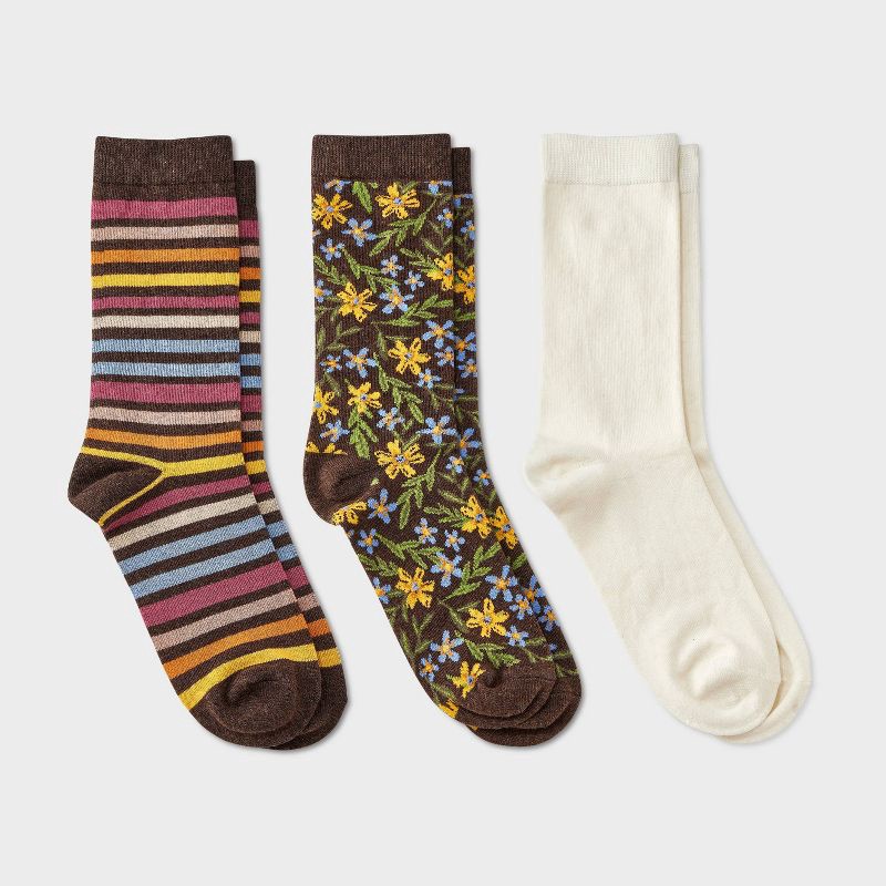 slide 1 of 3, Women's Floral & Striped 3pk Crew Socks - A New Day™ Brown Heather/Burgundy/Ivory 4-10, 3 ct