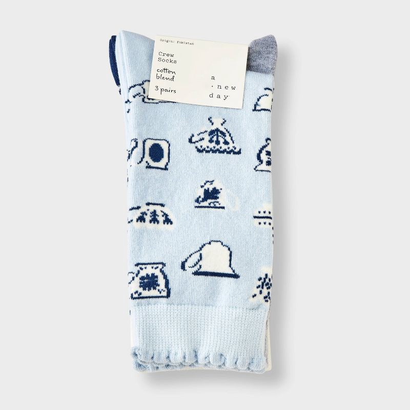 slide 2 of 3, Women's Teacups Scallop Cuff 3pk Crew Socks - A New Day™ Blue/Heather Gray/Navy 4-10, 3 ct
