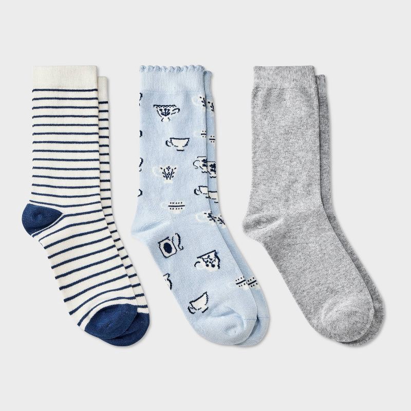 slide 1 of 3, Women's Teacups Scallop Cuff 3pk Crew Socks - A New Day™ Blue/Heather Gray/Navy 4-10, 3 ct