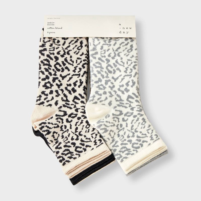 slide 2 of 3, Women's Leopard & Solid Ribbed 6pk Ankle Socks - A New Day™ Black/Gray/Ivory 4-10, 6 ct