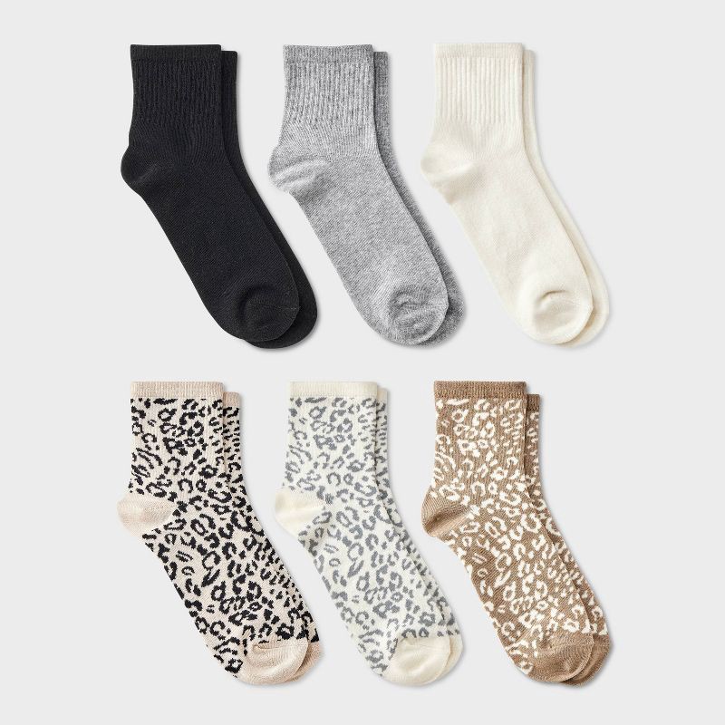 slide 1 of 3, Women's Leopard & Solid Ribbed 6pk Ankle Socks - A New Day™ Black/Gray/Ivory 4-10, 6 ct