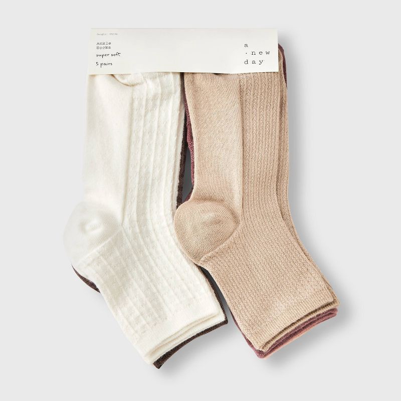 slide 2 of 3, Women's Mixed Tonal Textured 5pk Ankle Socks - A New Day™ Brown/Pink/Ivory 4-10, 5 ct