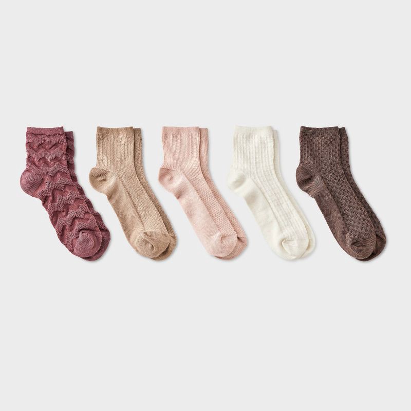 slide 1 of 3, Women's Mixed Tonal Textured 5pk Ankle Socks - A New Day™ Brown/Pink/Ivory 4-10, 5 ct