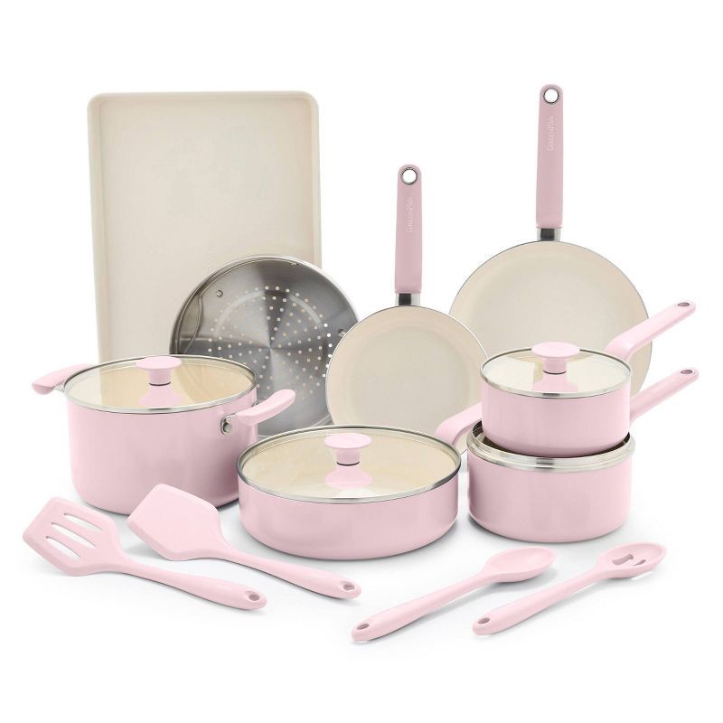 slide 1 of 10, GreenPan Rio 16pc Ceramic Nonstick Cookware Set Pink, 16 ct