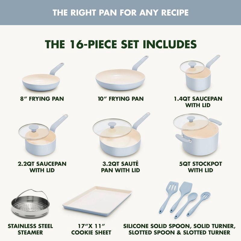 slide 4 of 10, GreenPan Rio Advanced 16pc Ceramic Nonstick Cookware Set Stardew Blue, 16 ct