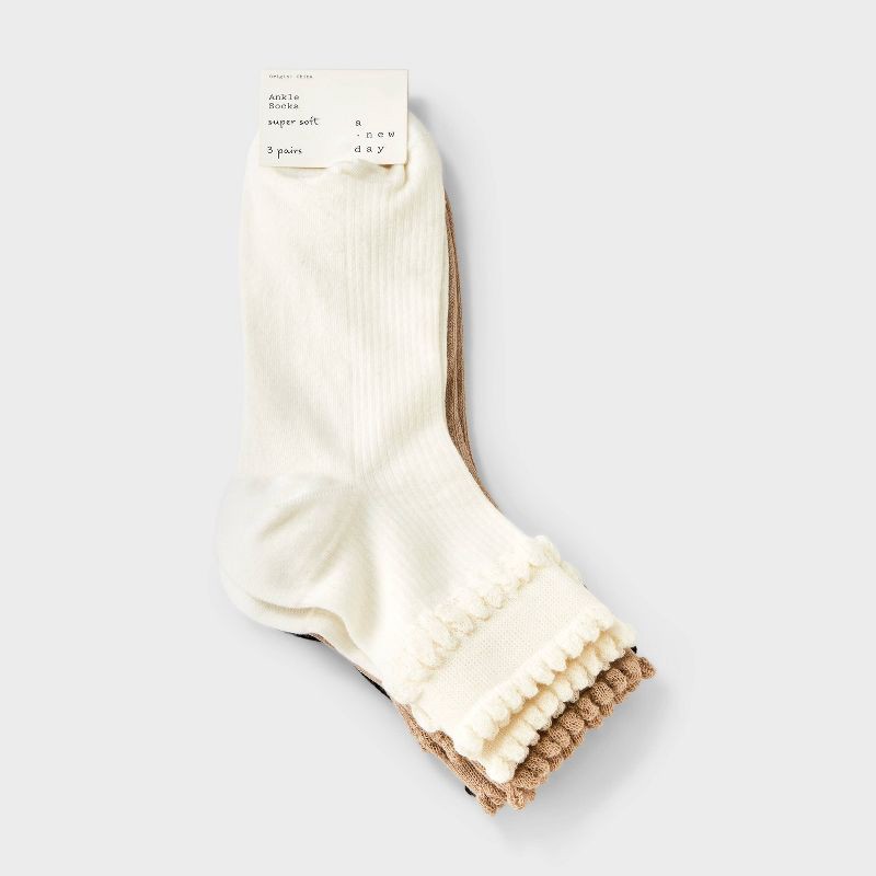 slide 2 of 3, Women's Double Scalloped Edge 3pk Ankle Socks - A New Day™ Ivory/Tan/Black 4-10, 3 ct