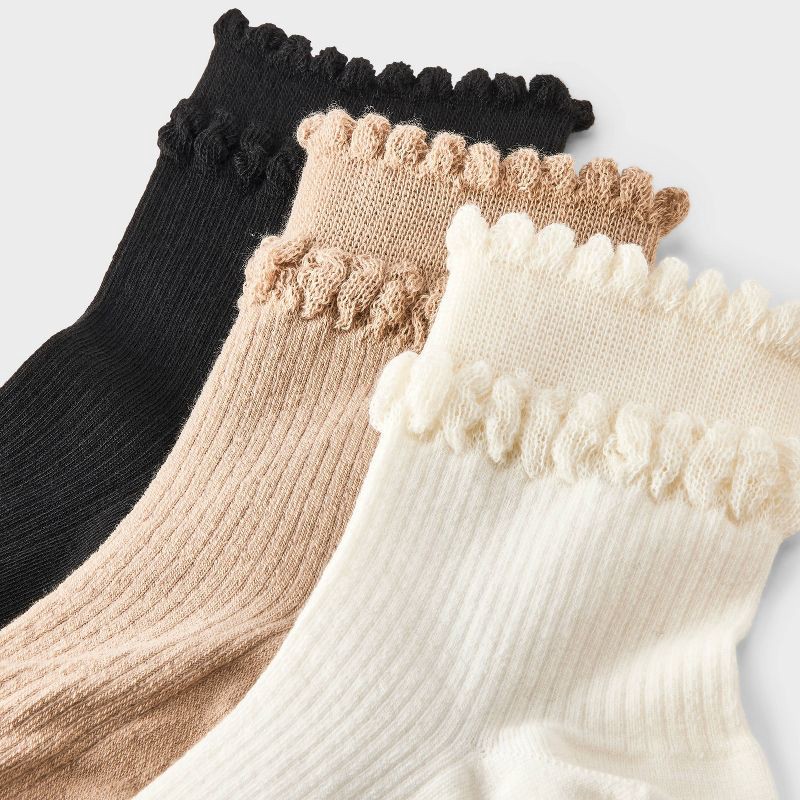 slide 3 of 3, Women's Double Scalloped Edge 3pk Ankle Socks - A New Day™ Ivory/Tan/Black 4-10, 3 ct
