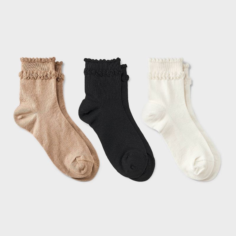 slide 1 of 3, Women's Double Scalloped Edge 3pk Ankle Socks - A New Day™ Ivory/Tan/Black 4-10, 3 ct