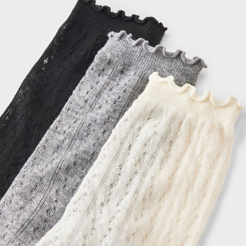 slide 3 of 3, Women's Lettuce Edge Pointelle 3pk Crew Socks - A New Day™ Ivory/Gray/Black 4-10, 3 ct