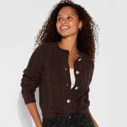 Women's Crewneck Heritage Cable Cardigan - Wild Fable™ Brown S