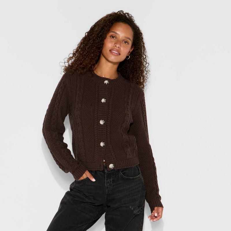 slide 2 of 3, Women's Crewneck Heritage Cable Cardigan - Wild Fable™ Brown M, 1 ct