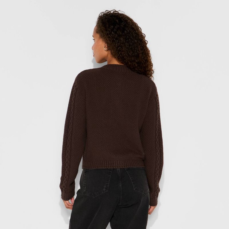 slide 3 of 3, Women's Crewneck Heritage Cable Cardigan - Wild Fable™ Brown L, 1 ct