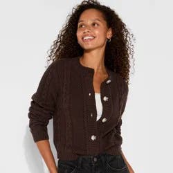 Women's Crewneck Heritage Cable Cardigan - Wild Fable™ Brown L