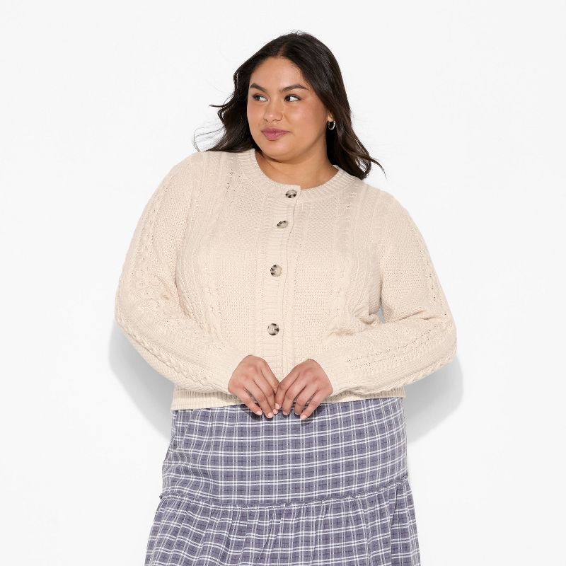 slide 2 of 3, Women's Crewneck Heritage Cable Cardigan - Wild Fable™ Off-White XXL, 1 ct